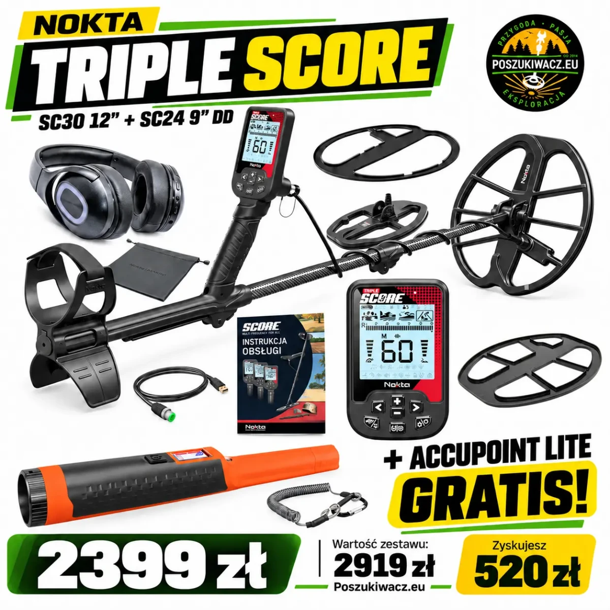 Nokta Triple SCORE – wykrywacz metali z cewkami SC30 i SC24 DD + AccuPOINT Lite GRATIS
